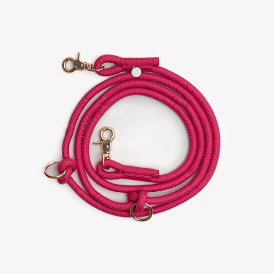 Pink dog leash with gold clasp on a white background