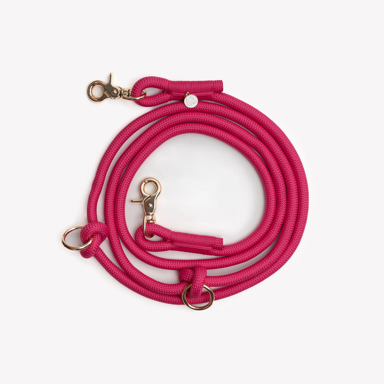 Pink dog leash with gold clasp on a white background