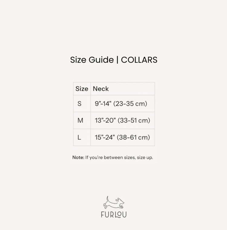Collar size guide with measurements and Furlu logo