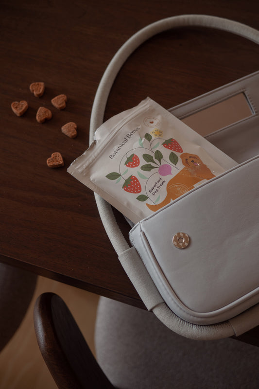 White handbag with a decorative pouch from Botanical bones featuring cartoon characters and strawberry design on a wooden surface.