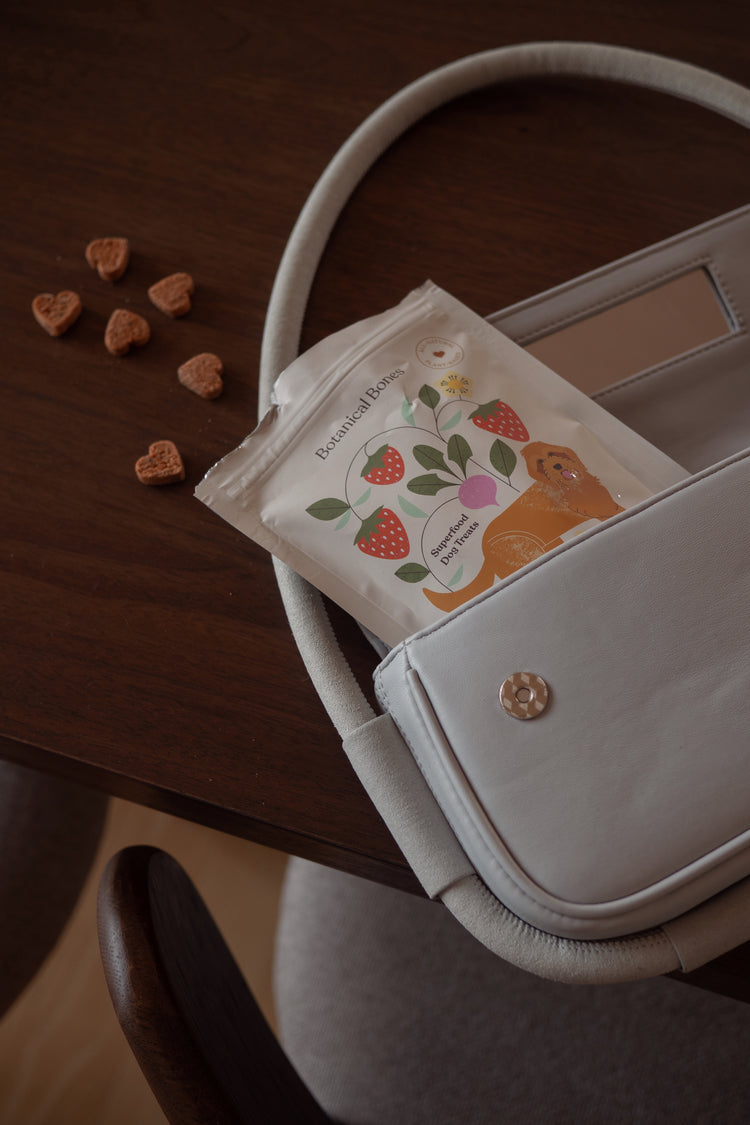 White handbag with a decorative pouch from Botanical bones featuring cartoon characters and strawberry design on a wooden surface.