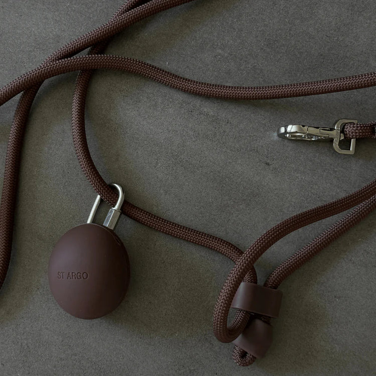 Brown leash with a round brown dog treat pouch on a gray surface