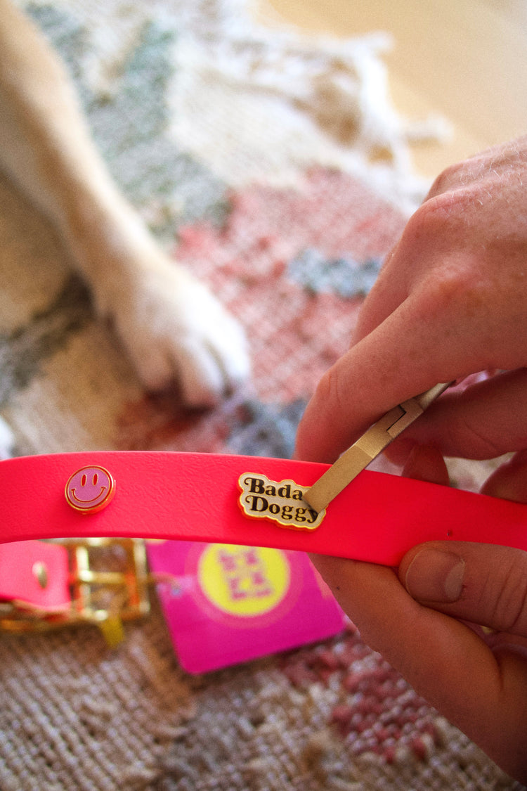 Person fixing on pink dog collar a 'Badass Doggy' pins on a textured surface.
