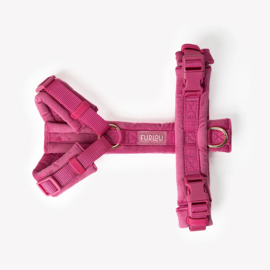 Pink dog harness with 'Furlou' branding on a white background