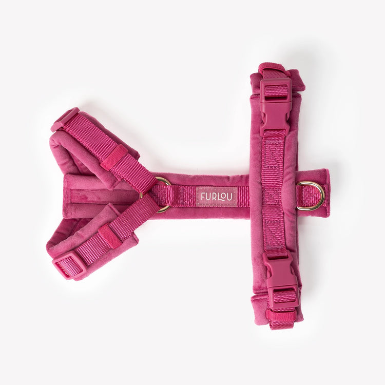 Pink dog harness with 'Furlou' branding on a white background