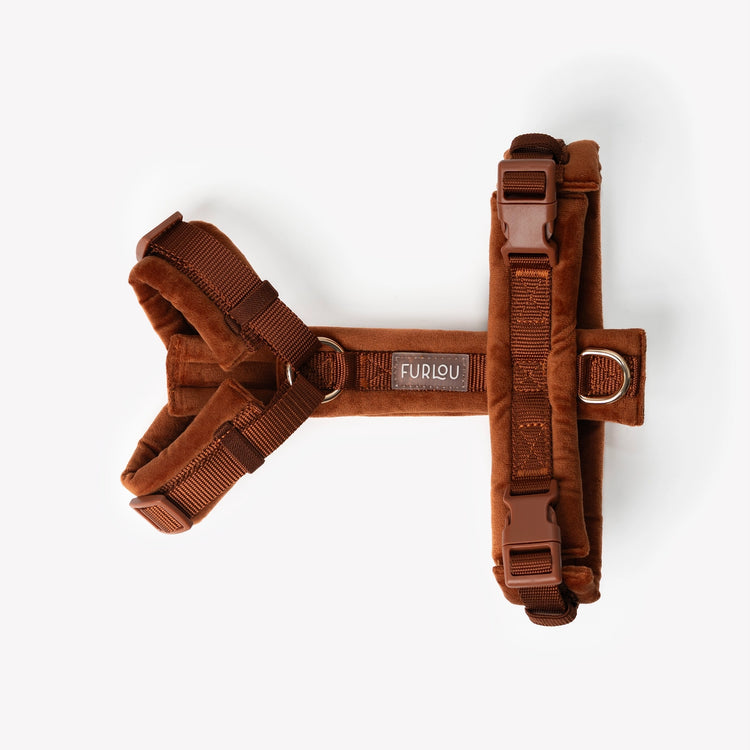 Brown dog harness with Furlou visible brand logo on a white background