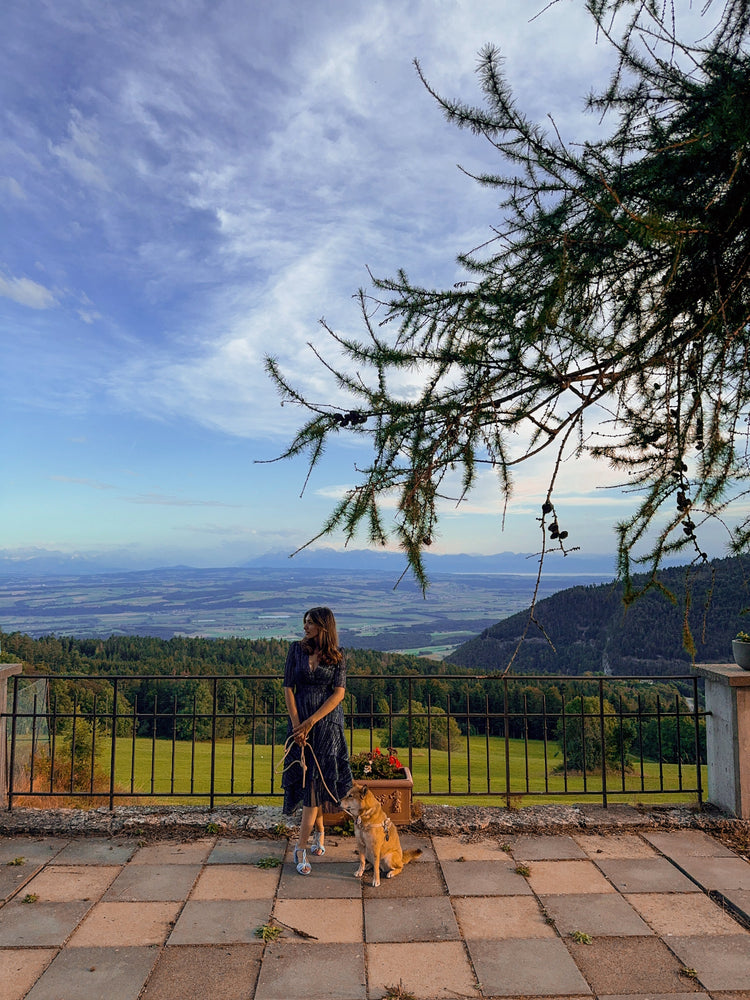 A dog seating next to a woman wearing a blue dress on a balcony with country side behind.