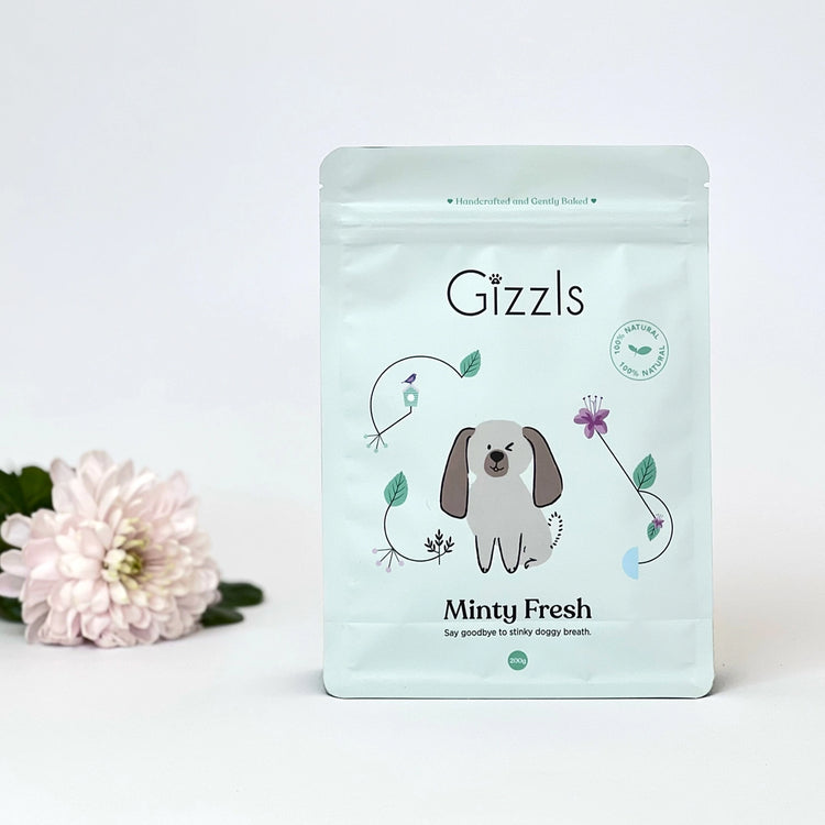 Gizzils Minty Fresh pet product packaging with a dog illustration on a light background.