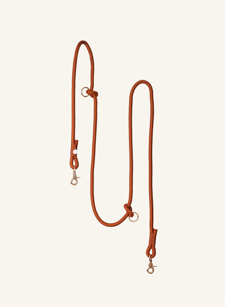 Terracotta leather dog leash on a beige background