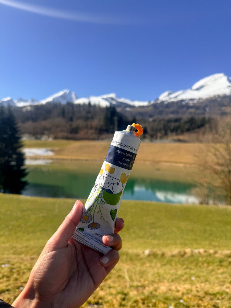 Loonawell sleepy paté melting out of the packaging with a lake mountain landscape behind.