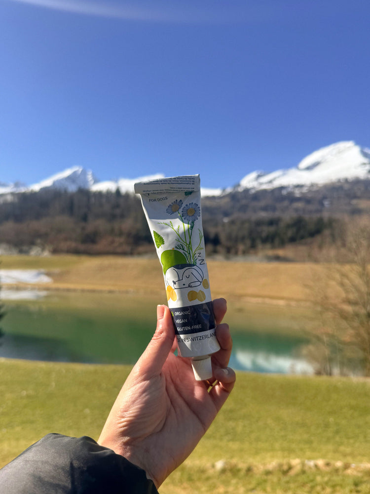 Women hand presenting Sleepy Pate from Loonawell on lake landscape.