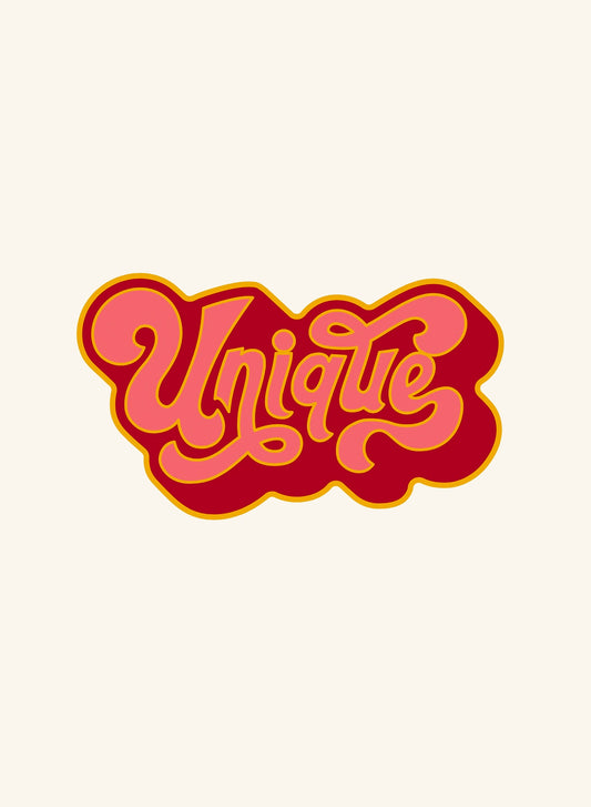 Decorative text 'Unique' pins with a red outline and pink fill on a white background