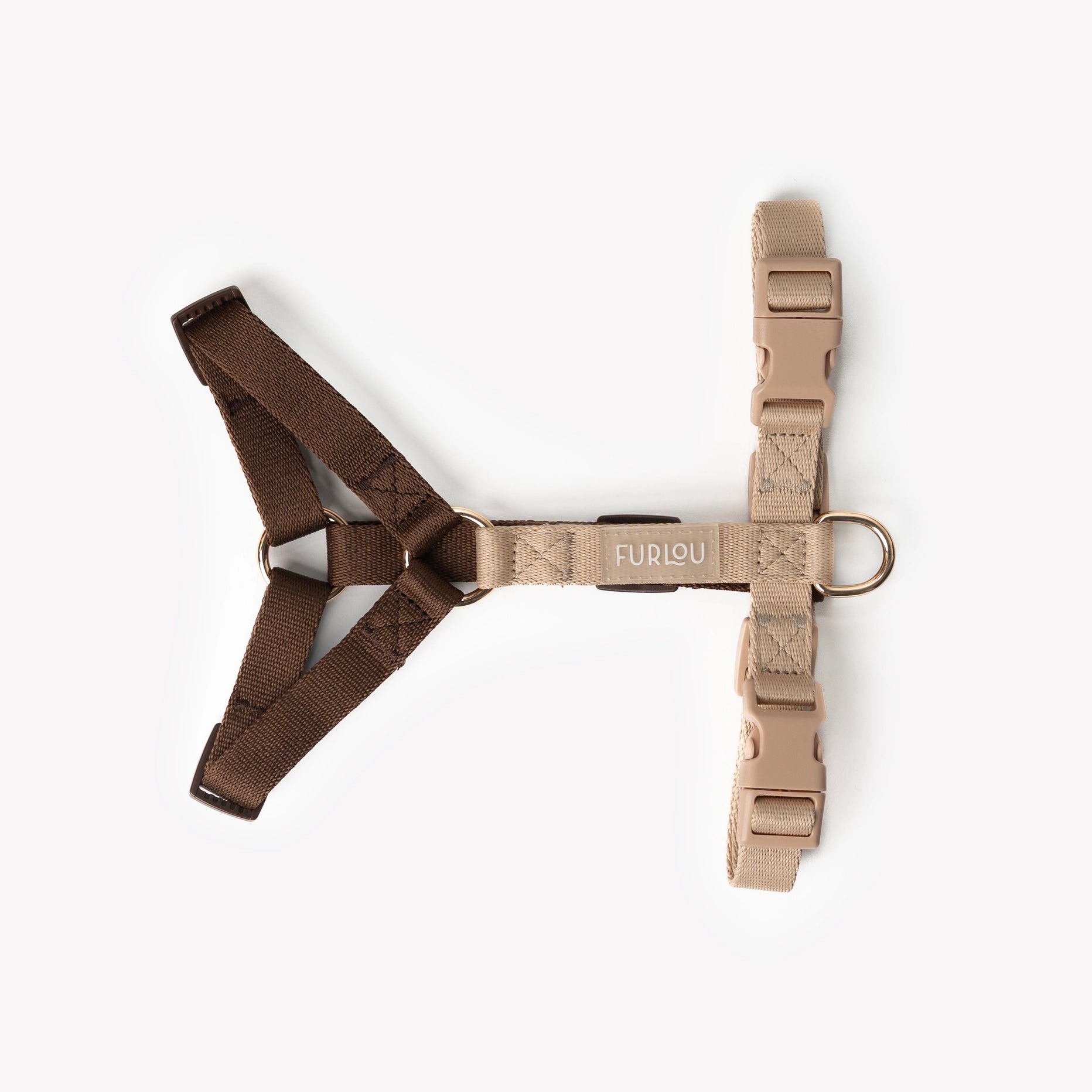 Brown and beige dog harness from Furlou on a white background
