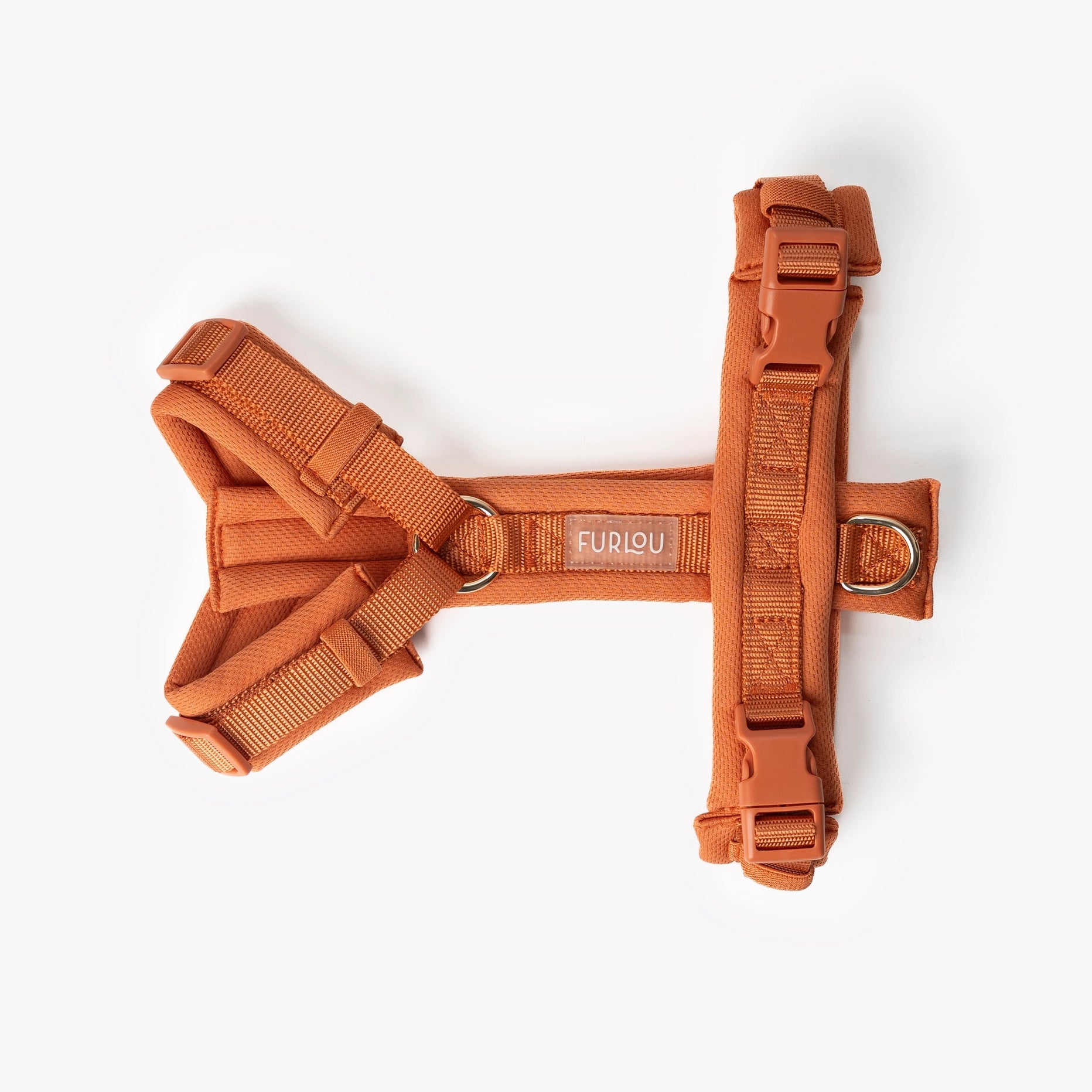 Terracotta dog harness with 'Furlou' branding on a white background