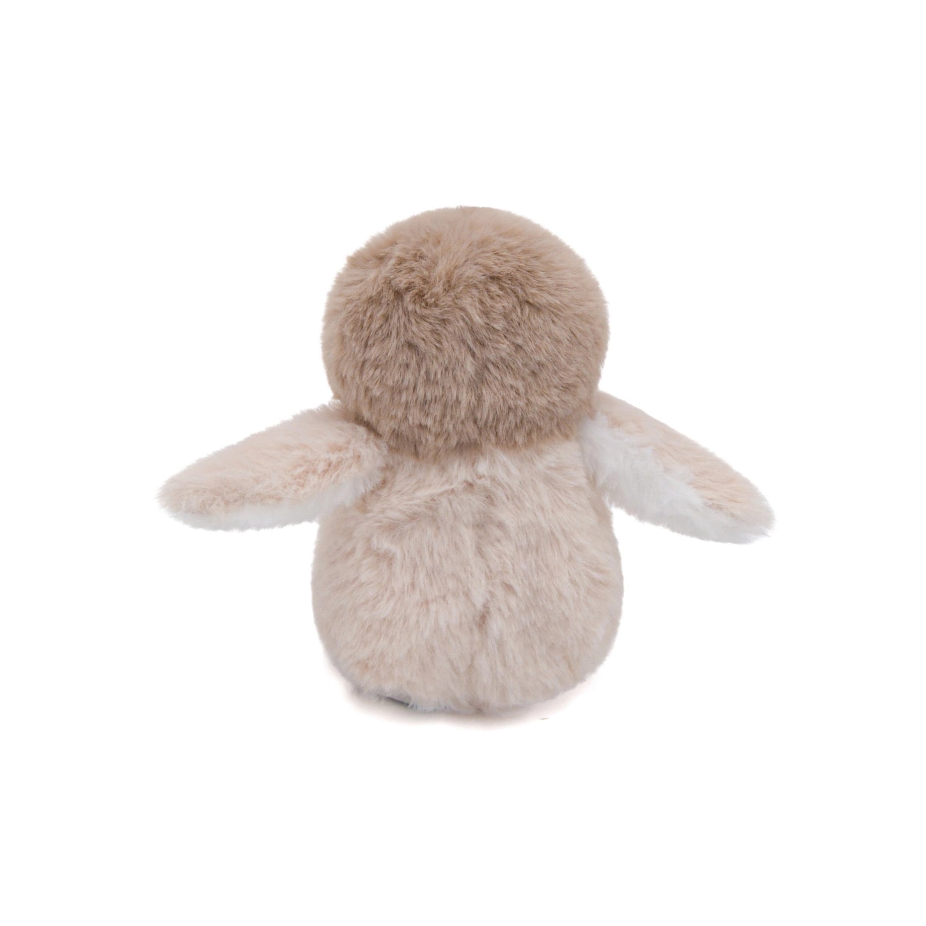 Plush toy penguin Fur Elise from back with beige fur on a white background 