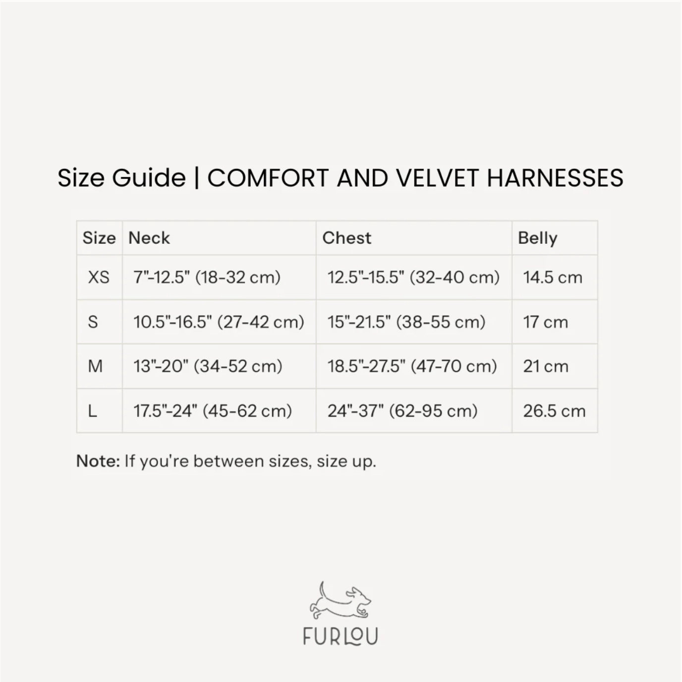 Size guide for Comfort and Velvet harnesses by Furlou on a white background