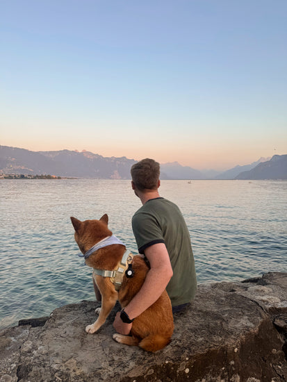 Man and dog sitting on a rock by a lake with mountains in the background