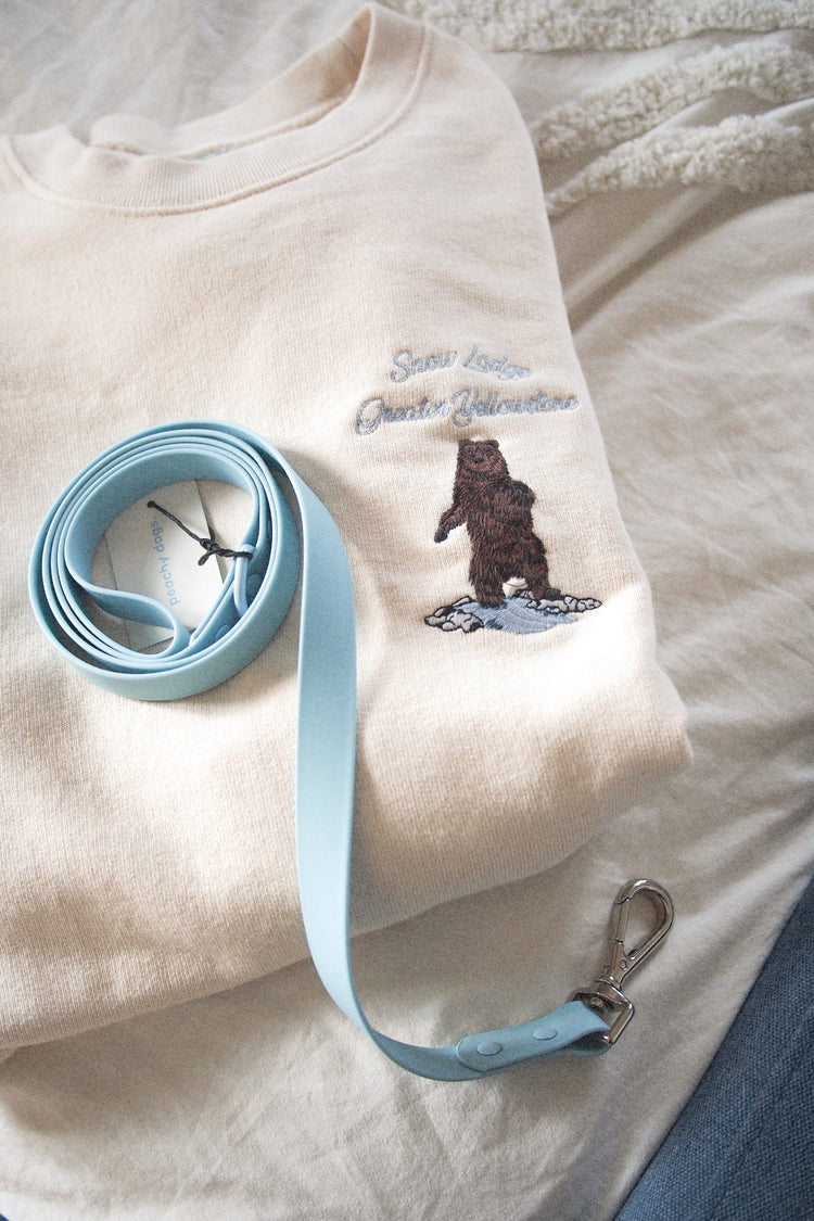 Peachy Dog blue leash on white pullover
