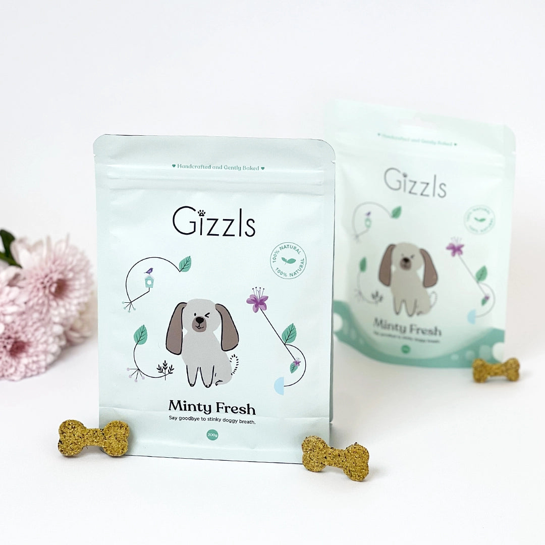 Two packages of Gizzls Minty Fresh dog treats on a white background with flowers.