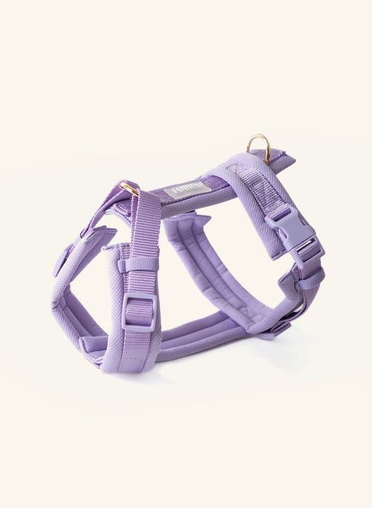Purple dog harness from Furlou on a white background