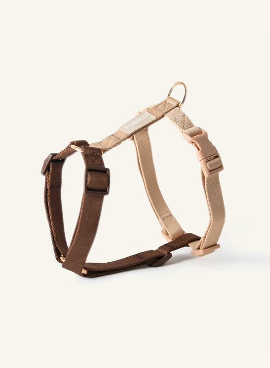 Brown and beige dog harness from Furlou on a white background